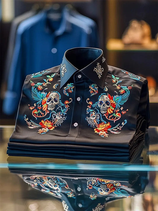 Men's Satin Skull Long Sleeve Button-Down Shirt