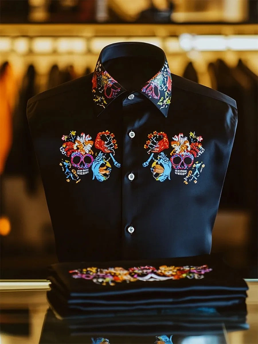 Men's Satin Skull Long Sleeve Button-Down Shirt