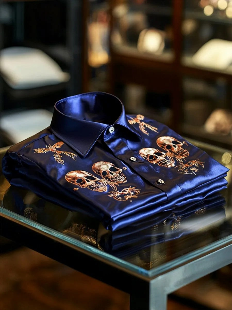 Men's Satin Skull Long Sleeve Button-Down Shirt