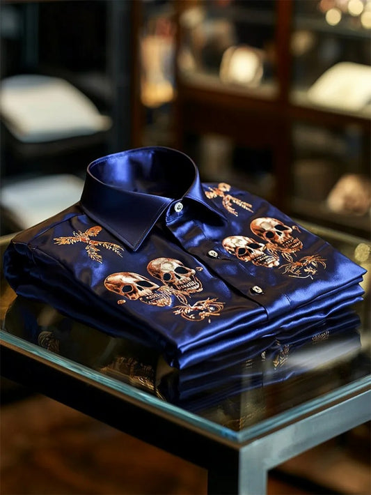 Men's Satin Skull Long Sleeve Button-Down Shirt