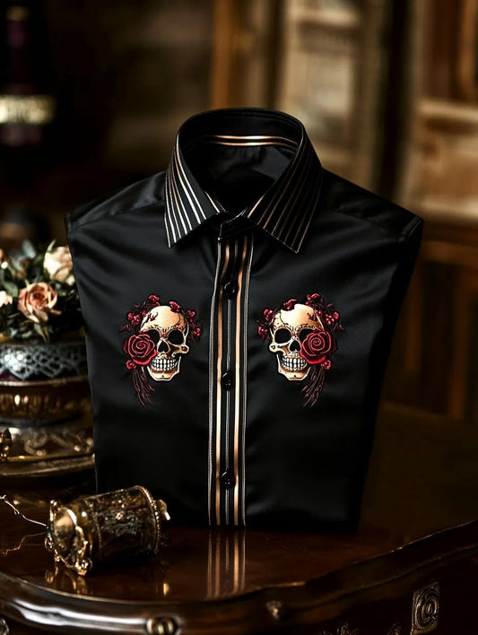 Men's Satin Skull Long Sleeve Button-Down Shirt