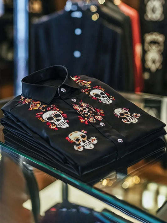 Men's Satin Skull Long Sleeve Button-Down Shirt