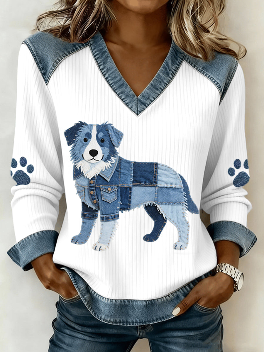 Women's Lovely Border Collie Pattern Denim Patchwork V-Neck Top