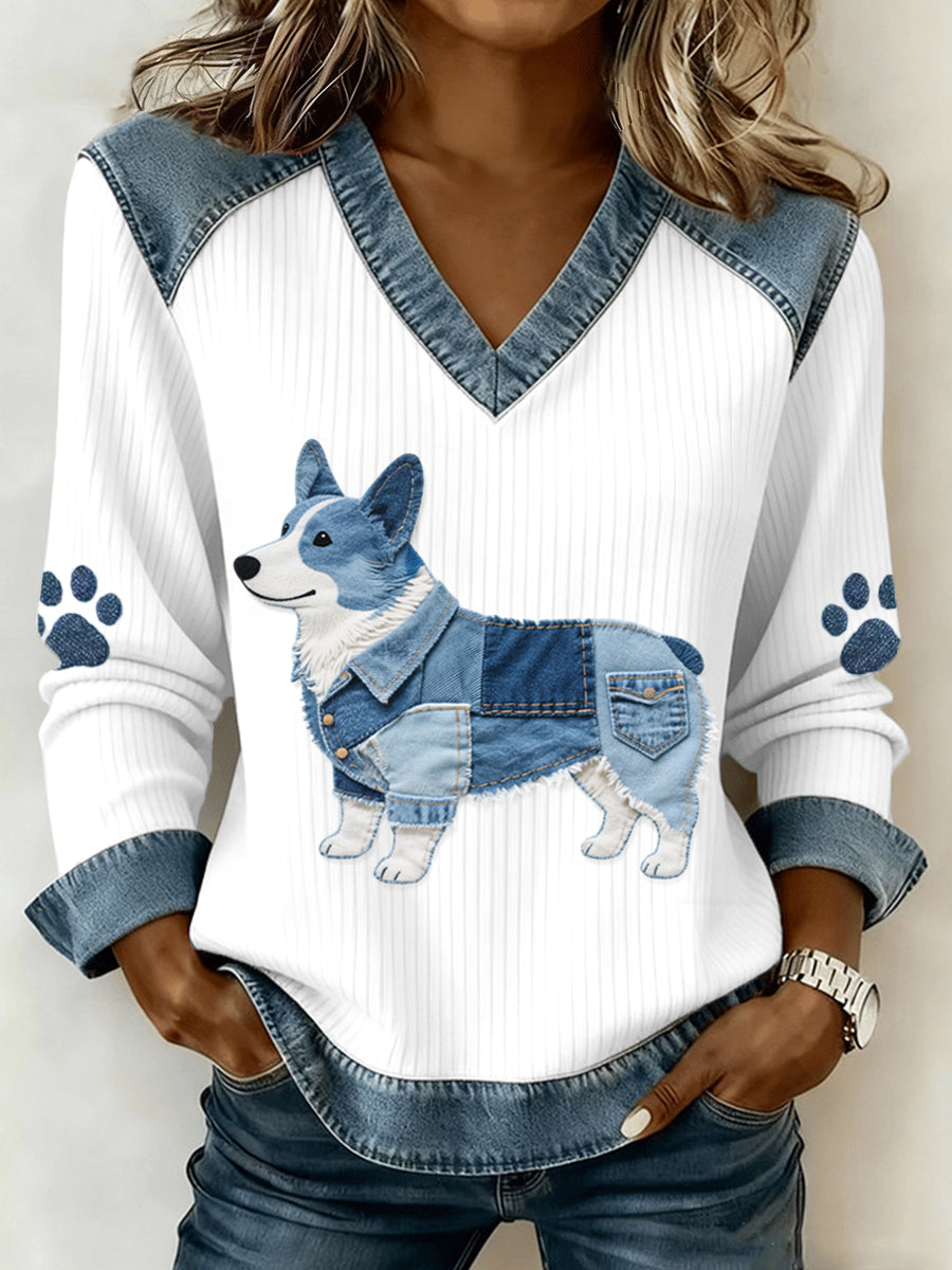 Women's Lovely Corgi Pattern Denim Patchwork V-Neck Top