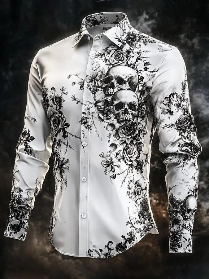 Men's Retro Valentines Day Skull Long-Sleeved Shirt