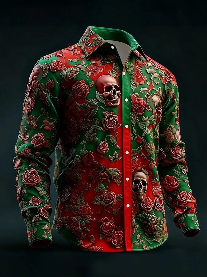 Men's Retro Valentines Day Skull Long-Sleeved Shirt