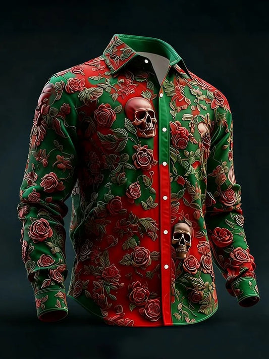 Men's Retro Valentines Day Skull Long-Sleeved Shirt