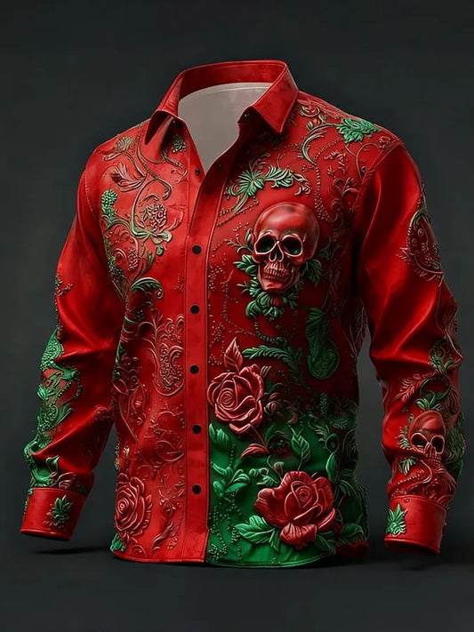 Men's Retro Valentines Day Skull Long-Sleeved Shirt