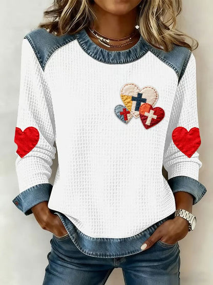 Women's  Love Christian Cross Denim Patchwork Sweatshirt