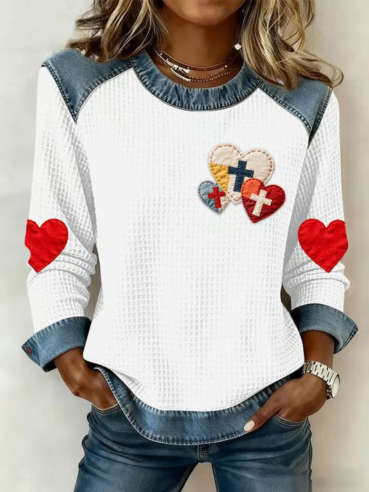 Women's  Love Christian Cross Denim Patchwork Sweatshirt
