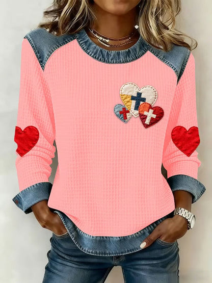 Women's  Love Christian Cross Denim Patchwork Sweatshirt