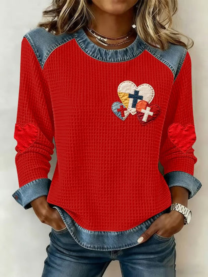 Women's  Love Christian Cross Denim Patchwork Sweatshirt