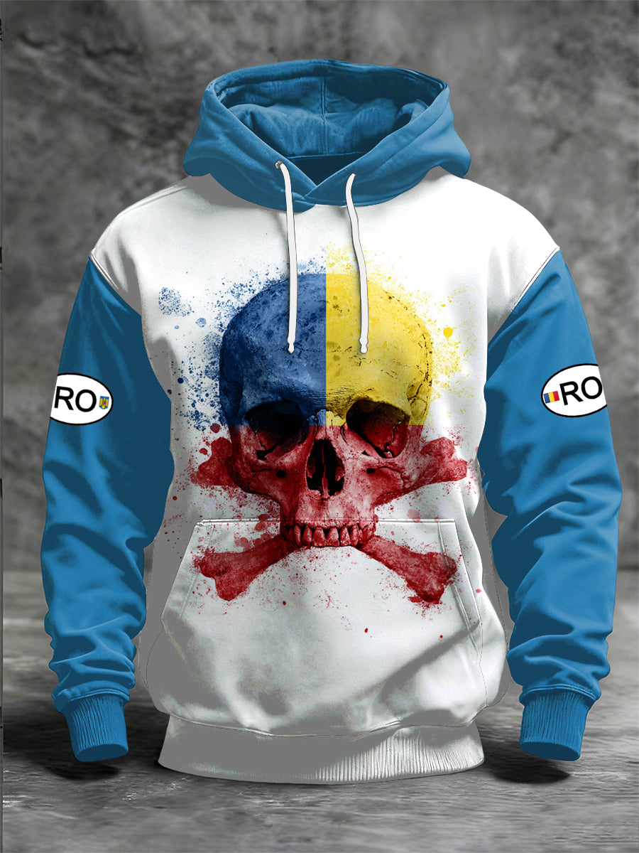 Men's Romania Skull Printed Long Sleeved Hooded Sweatshirt