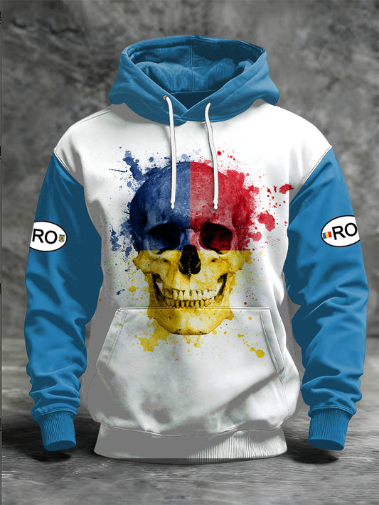 Men's Romania Skull Printed Long Sleeved Hooded Sweatshirt