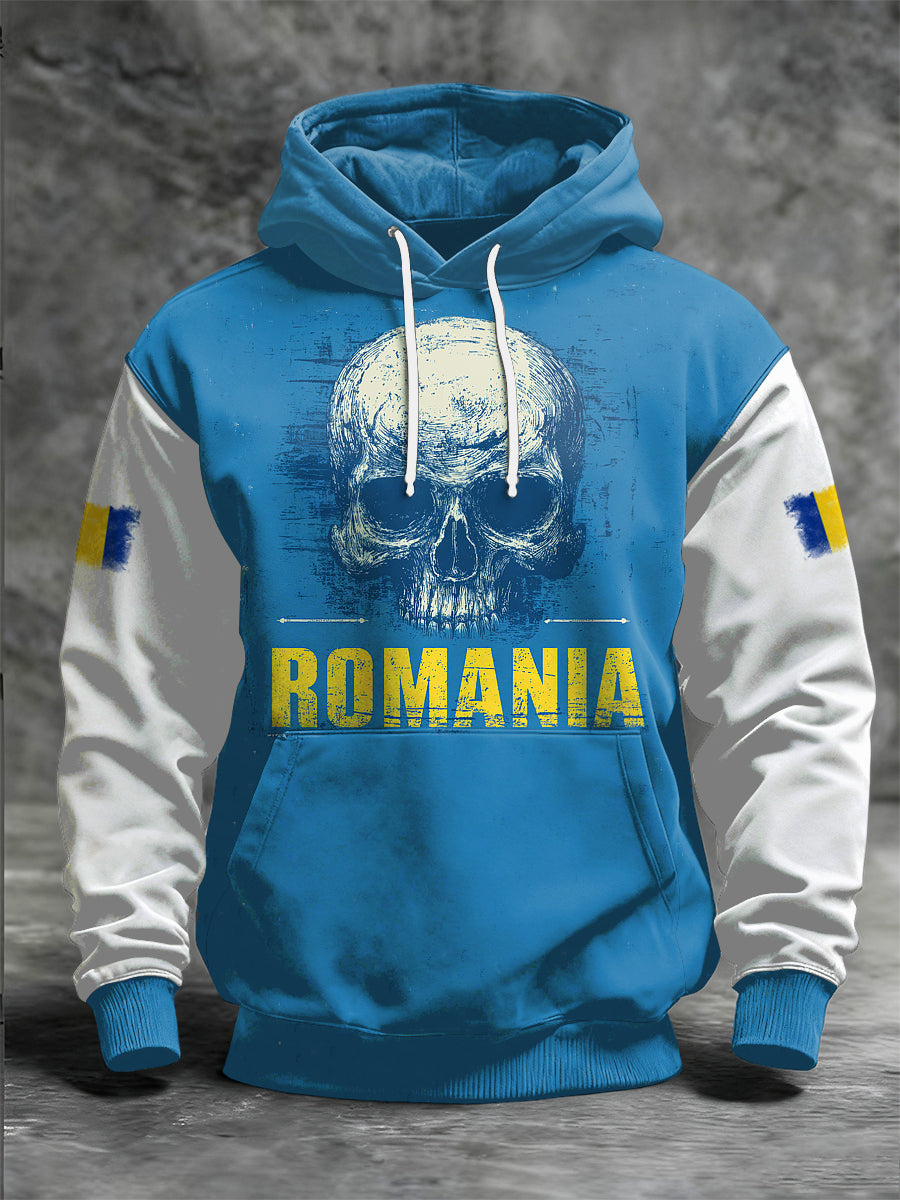 Men's Romania Skull Printed Long Sleeved Hooded Sweatshirt