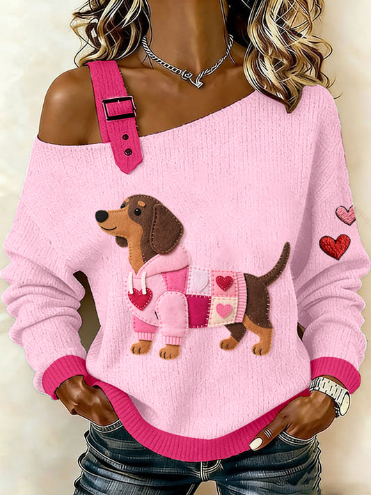 Women's Valentine's Day Inspired Dachshund Pattern Knit Top
