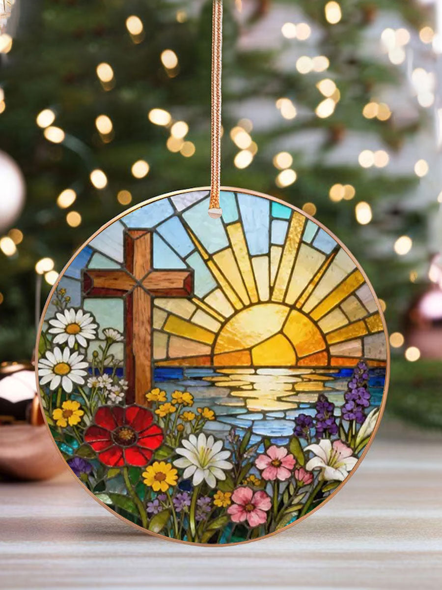 Christian Cross And Wild Flower Printed Acrylic Decorative Ornament