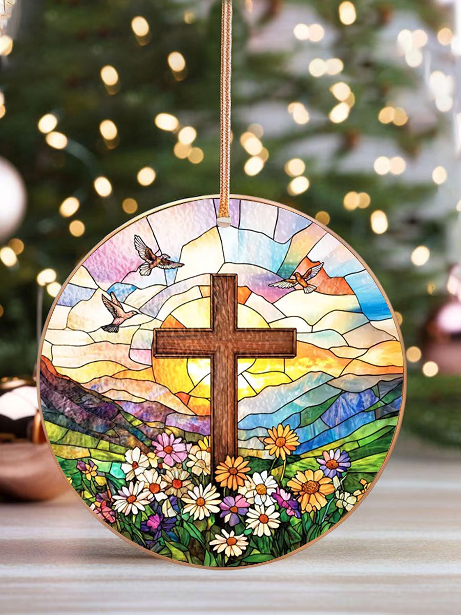 Christian Cross And Wild Flower Printed Acrylic Decorative Ornament