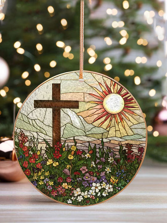 Christian Cross And Wild Flower Printed Acrylic Decorative Ornament