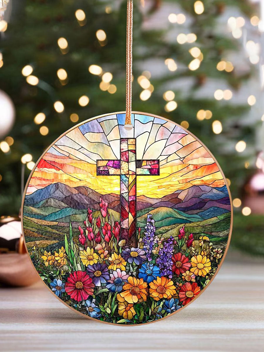 Christian Cross And Wild Flower Printed Acrylic Decorative Ornament