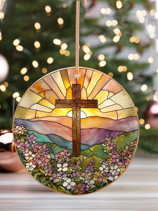 Christian Cross And Wild Flower Printed Acrylic Decorative Ornament