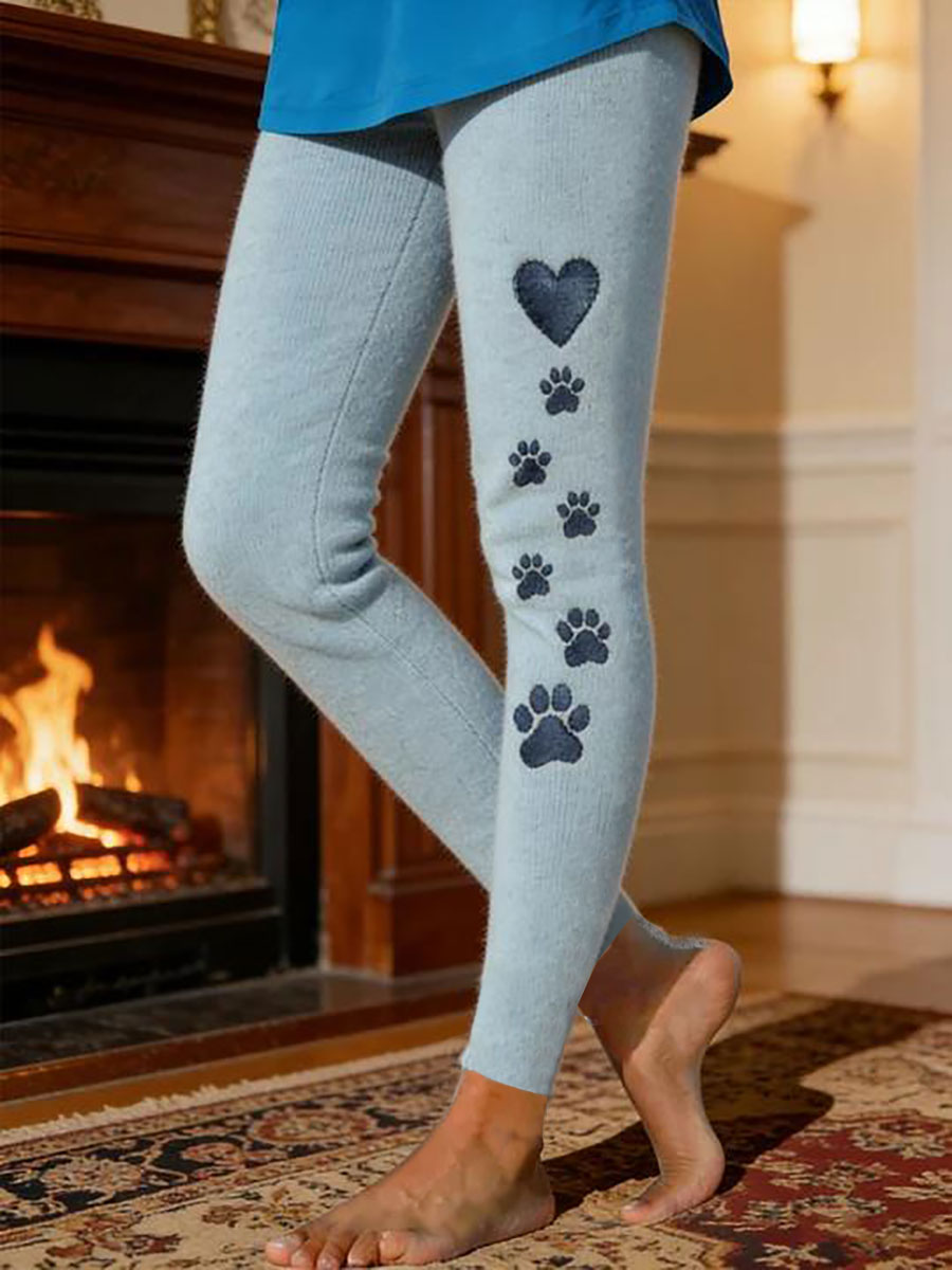 Women's Dog Paw Print Velvet-Lined Leggings