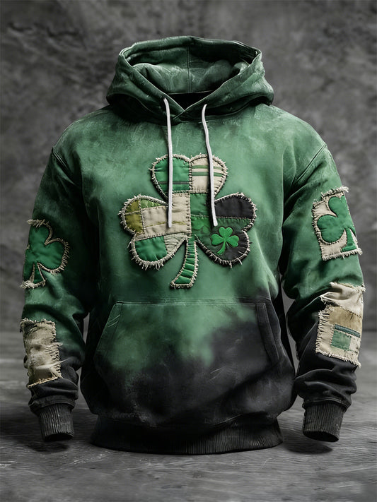 Retro St. Patrick's Day Clover Patchwork Distressed Casual Hoodie