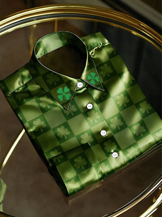 Men's Luxury Business Style ST.Partricks Day Shamrocks Art Printed Shirt