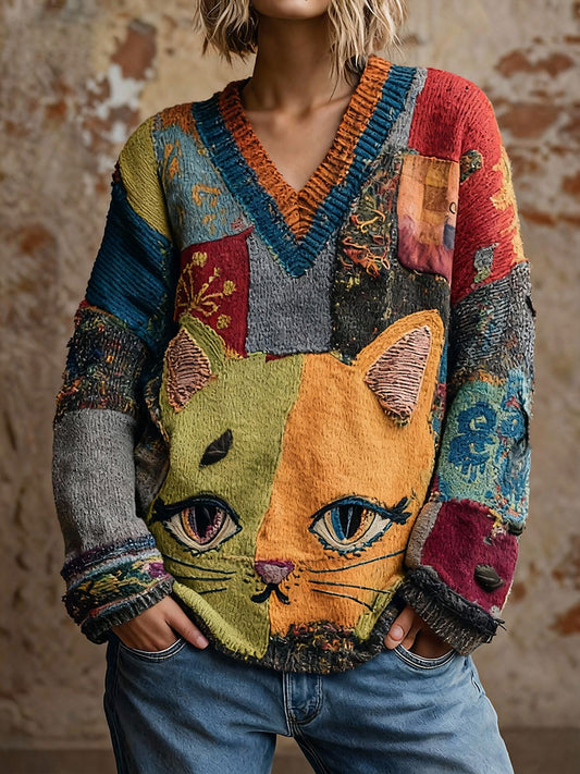 Women's Cat Art V-Neck Tops