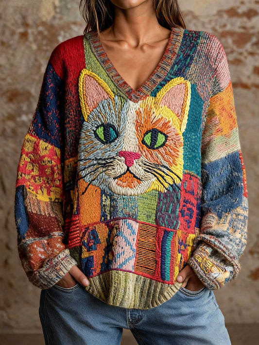 Women's Cat Art V-Neck Tops