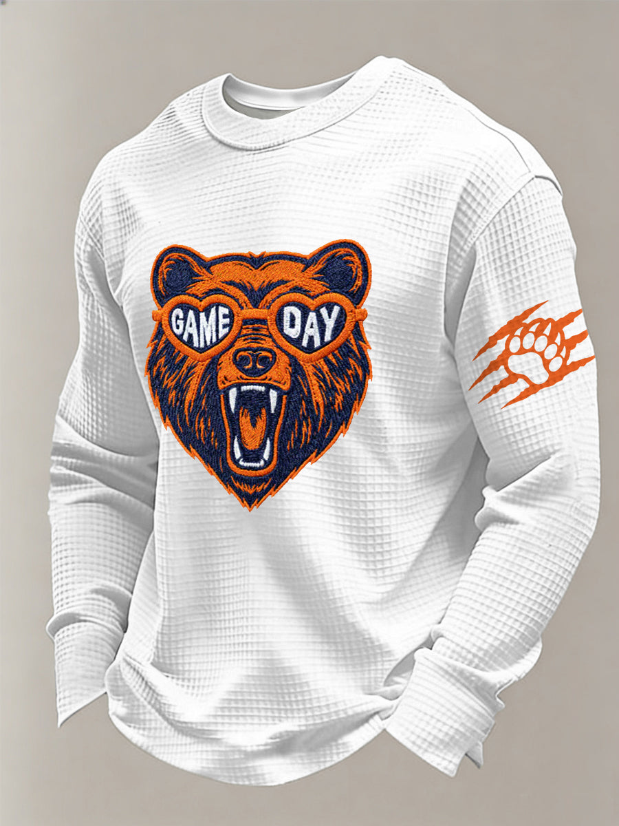 Men's Bear Print Football Fans Gameday Casual Waffle Long Sleeve T-Shirt