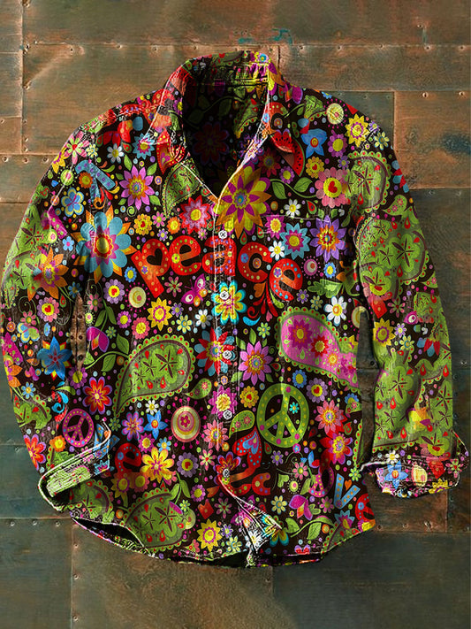 Men's Vintage Psychedelic Hippie Colorful Peace Print Casual Long Sleeve Shirt