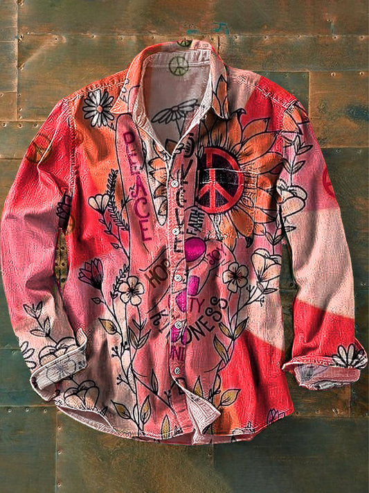 Men's Vintage Peace and Love Daisy Art Print Cotton Lapel Long Sleeve Pocket Shirt