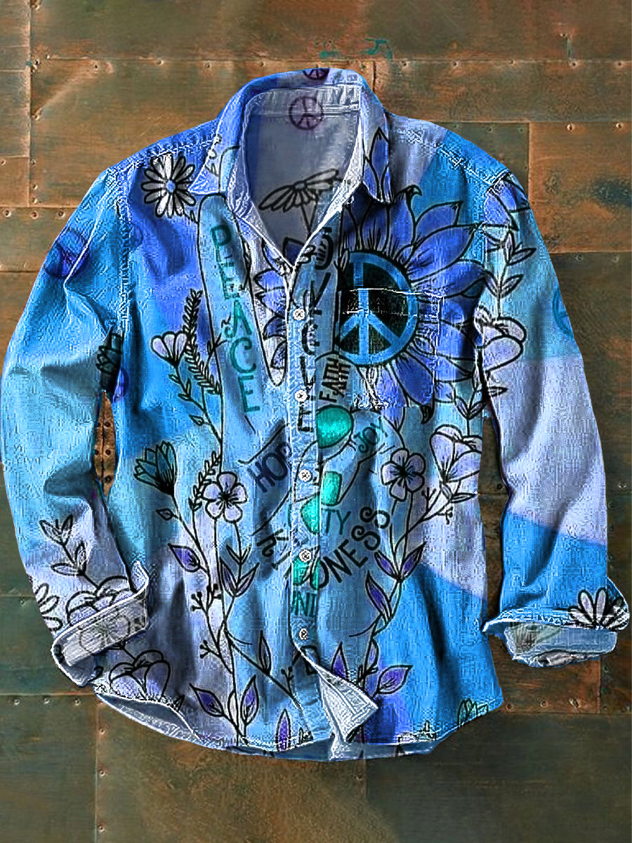 Men's Vintage Peace and Love Daisy Art Print Cotton Lapel Long Sleeve Pocket Shirt