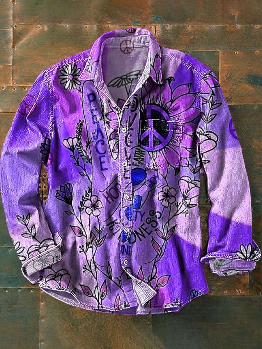 Men's Vintage Peace and Love Daisy Art Print Cotton Lapel Long Sleeve Pocket Shirt