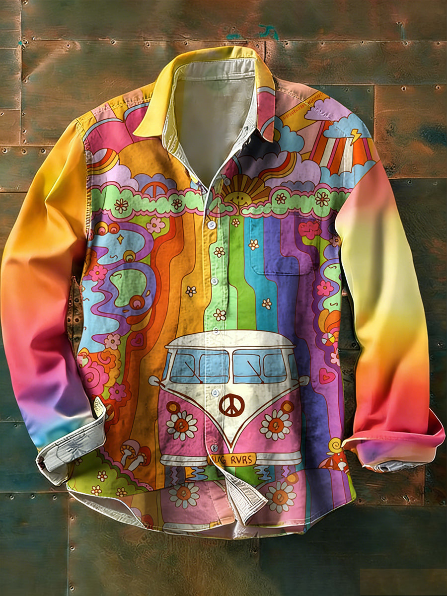 Men's vintage hippie style printed casual long-sleeved shirt