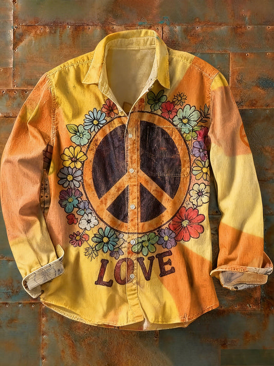 Men's vintage hippie style printed casual long-sleeved shirt