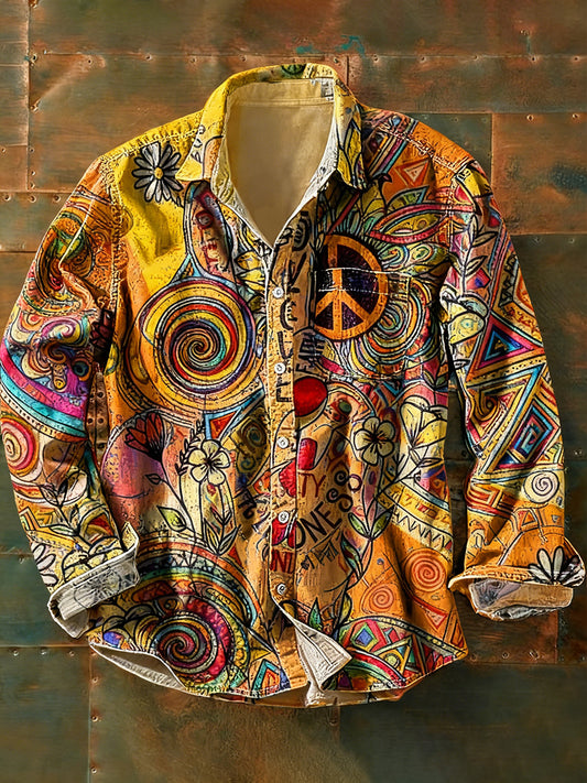 Men's vintage hippie style printed casual long-sleeved shirt