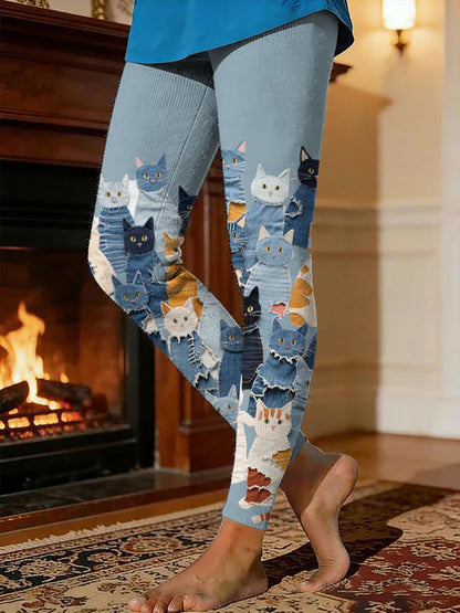 Women's kitten print thermal fleece leggings