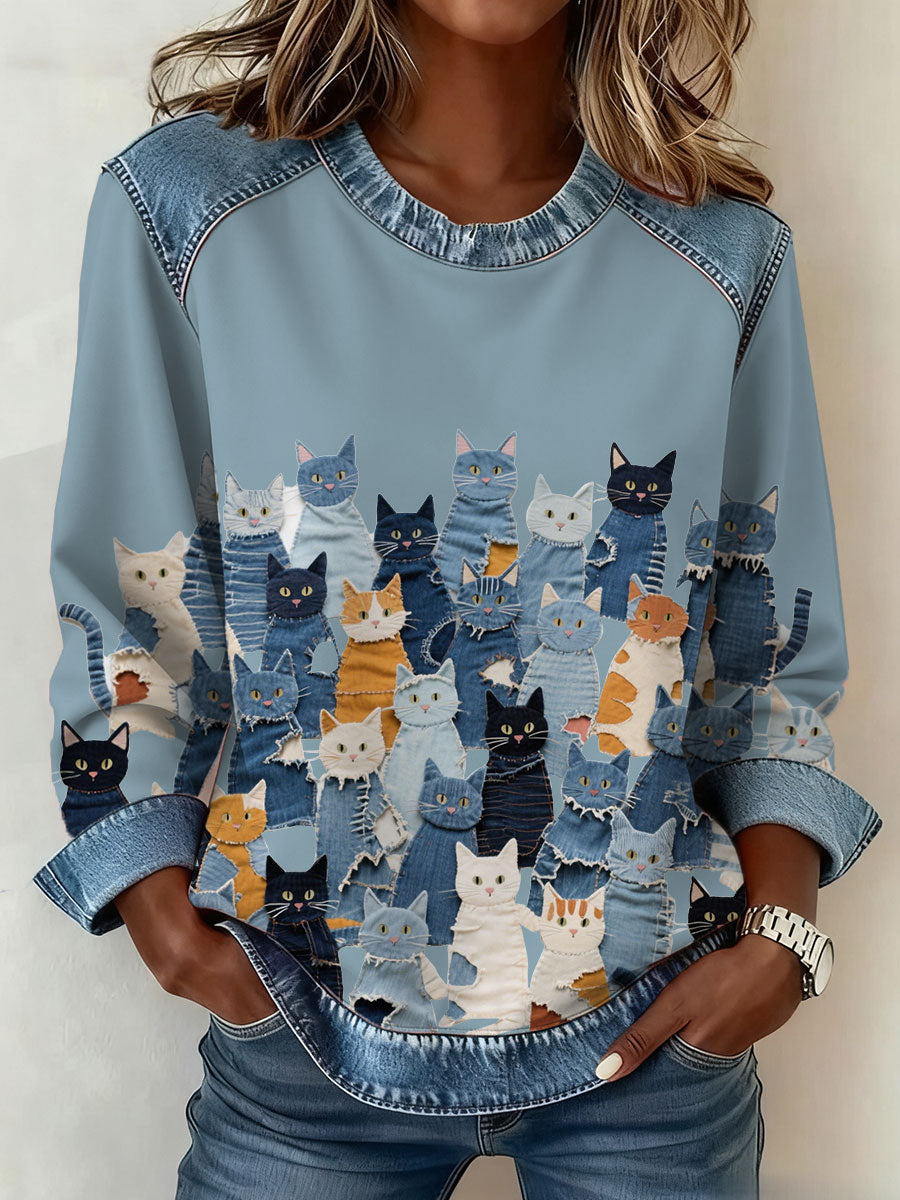 Women's Denim Kitten Sweatshirt