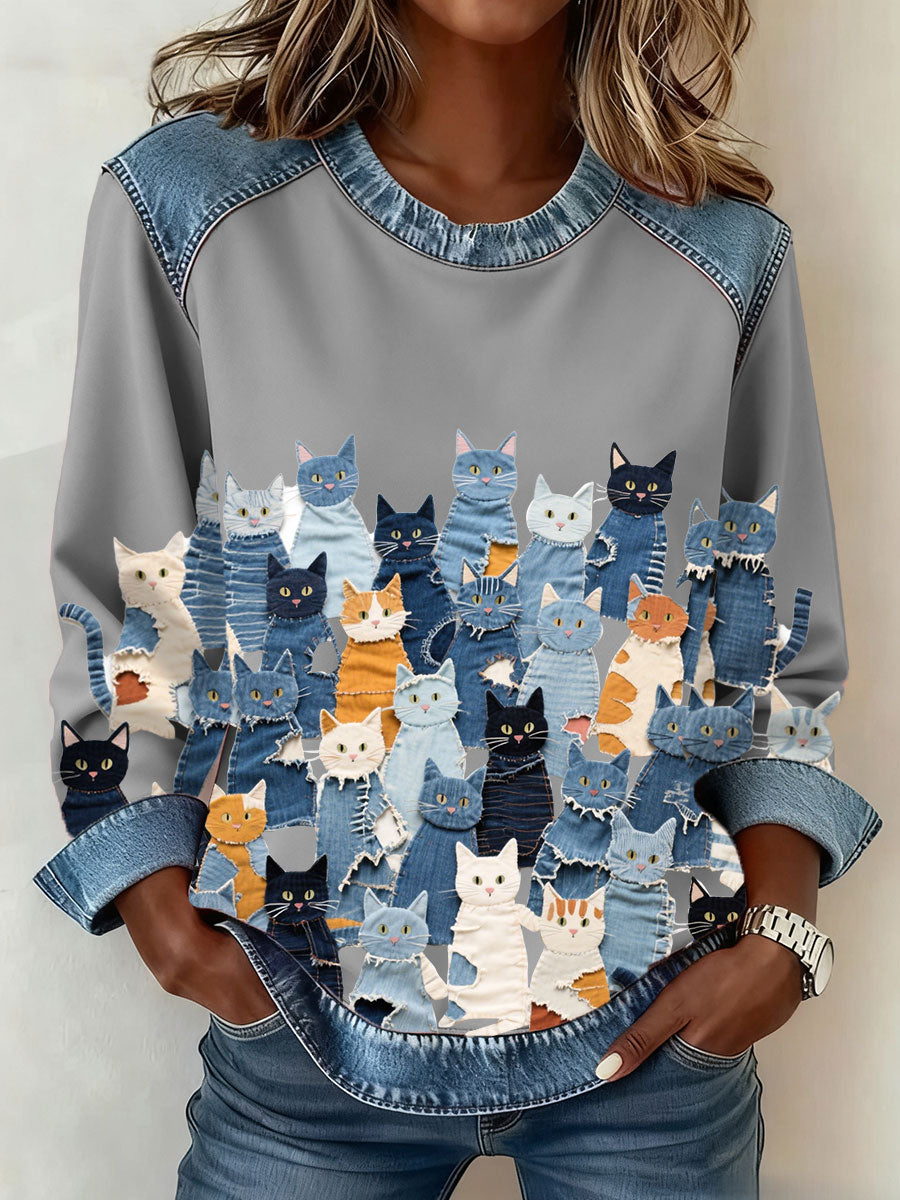 Women's Denim Kitten Sweatshirt
