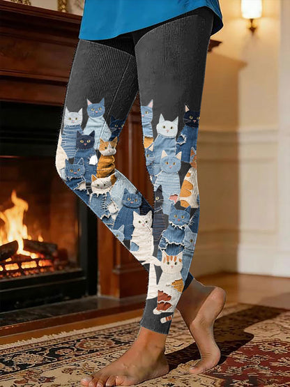 Women's kitten print thermal fleece leggings