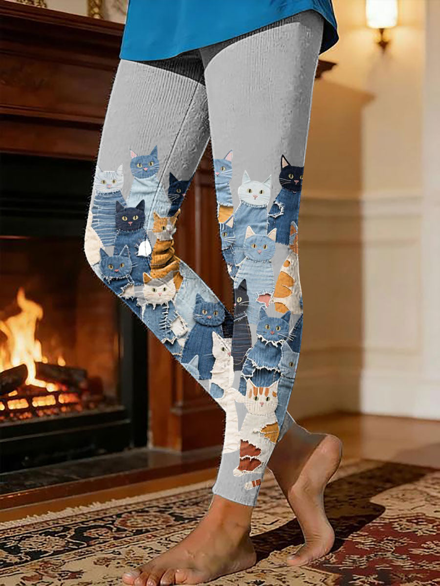 Women's kitten print thermal fleece leggings