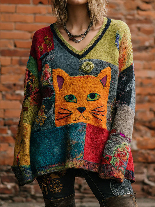 Women's Art Cat Retro V-Neck Tops