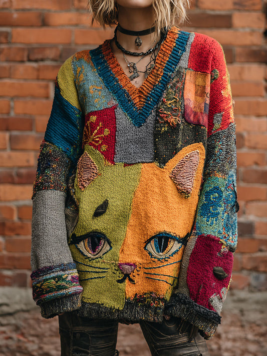 Women's Art Cat Retro V-Neck Tops