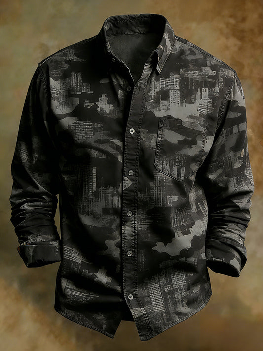 Men's Retro Art Print Comfortable Business Long-Sleeve Shirt