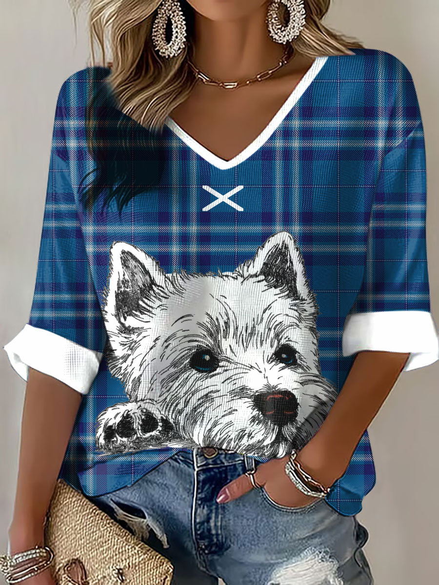 Women's Scotland Scottie Dog Football Tartan Lover Printed Waffle Tops