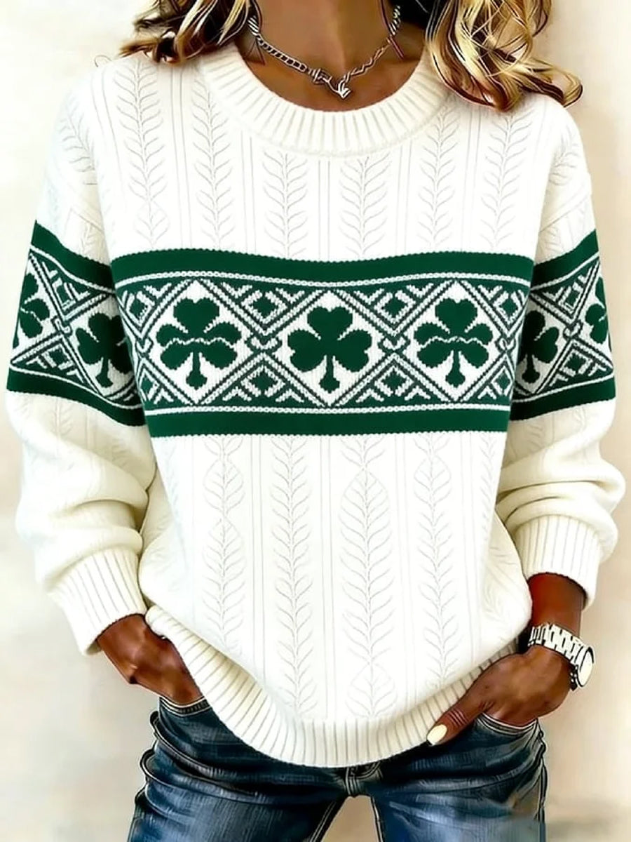 Women's St Patrick's Day Shamrock Print Crew Neck Sweater