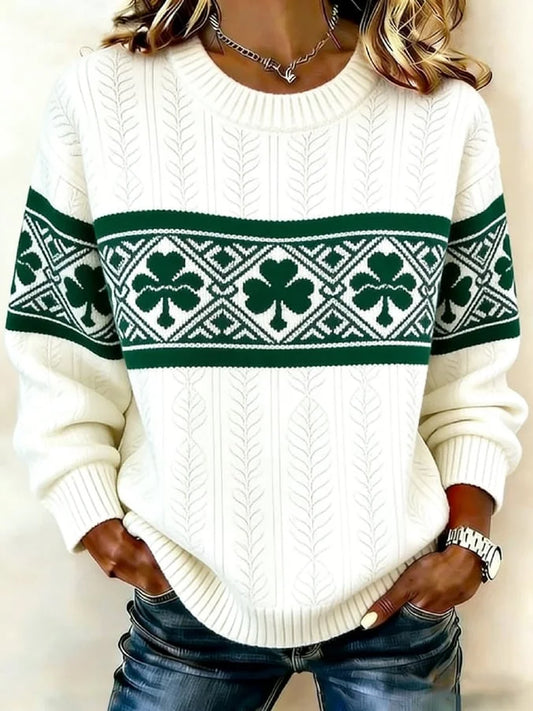 Women's St Patrick's Day Shamrock Print Crew Neck Sweater
