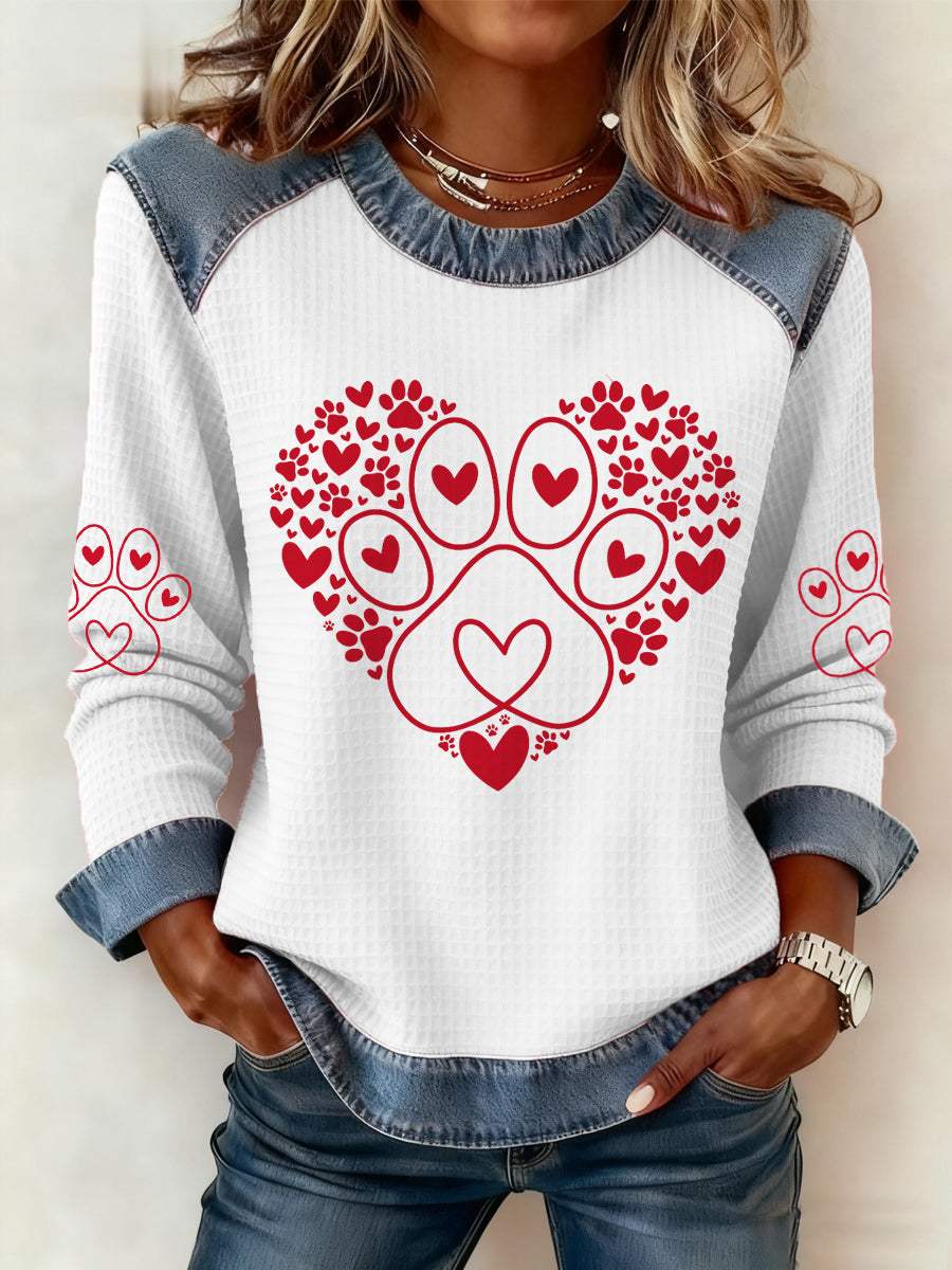 Women's Paw Heart Print Dog Lovers Valentine's Day Casual Denim Patchwork Top